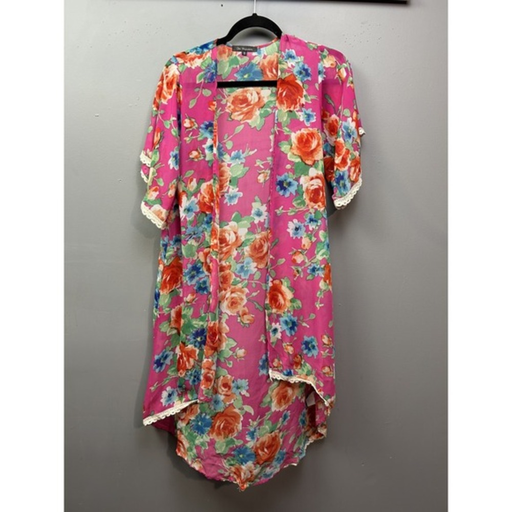 Chic Happens Kimono Womens Small Floral Open Front Lightweight Boho Lace Trim